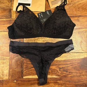 NEW Knix Lace Deep-V Bralette and Essential Lace Thong Bundle Set - Large, Black